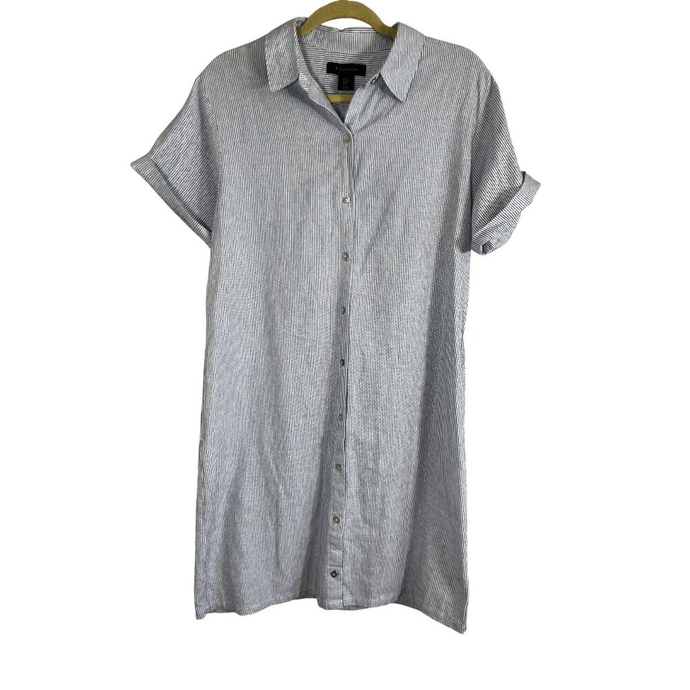 Tahari Linen Shirt Dress M Blue Striped Resort Preppy Classic Old Money Chic